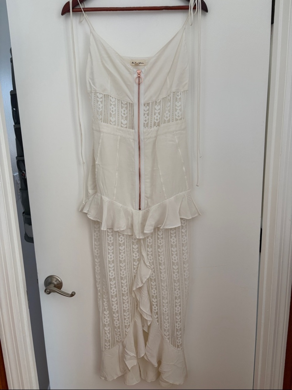For Love & Lemons Cream Lace-Panel Ruffle Zip Maxi Dress Small